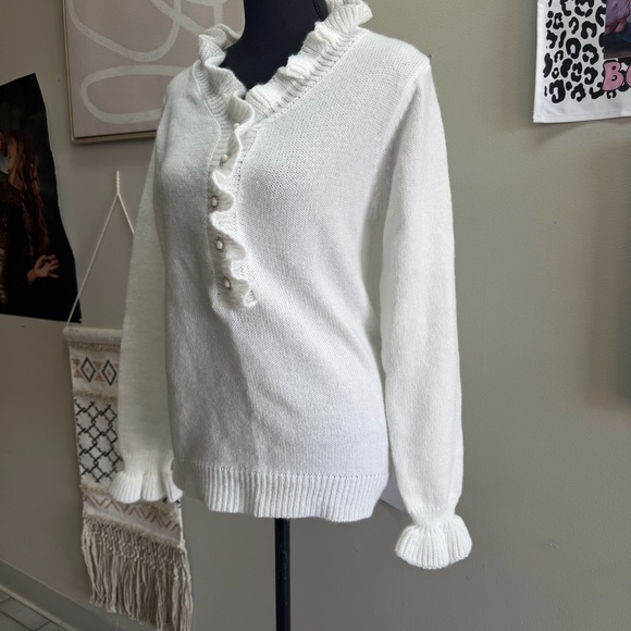 White Ruffled Button-Up Sweater - Picture 5 of 6
